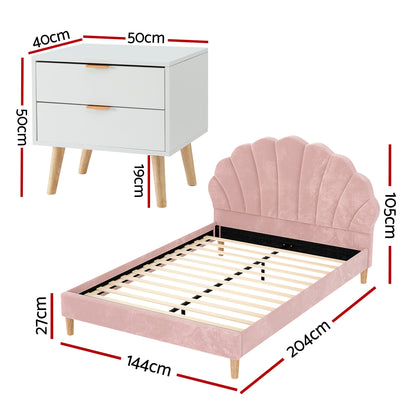 Artiss Double Bed Frame Scallop Headboard Pink Velvet with 2 Drawer Bedside Table - Image 2