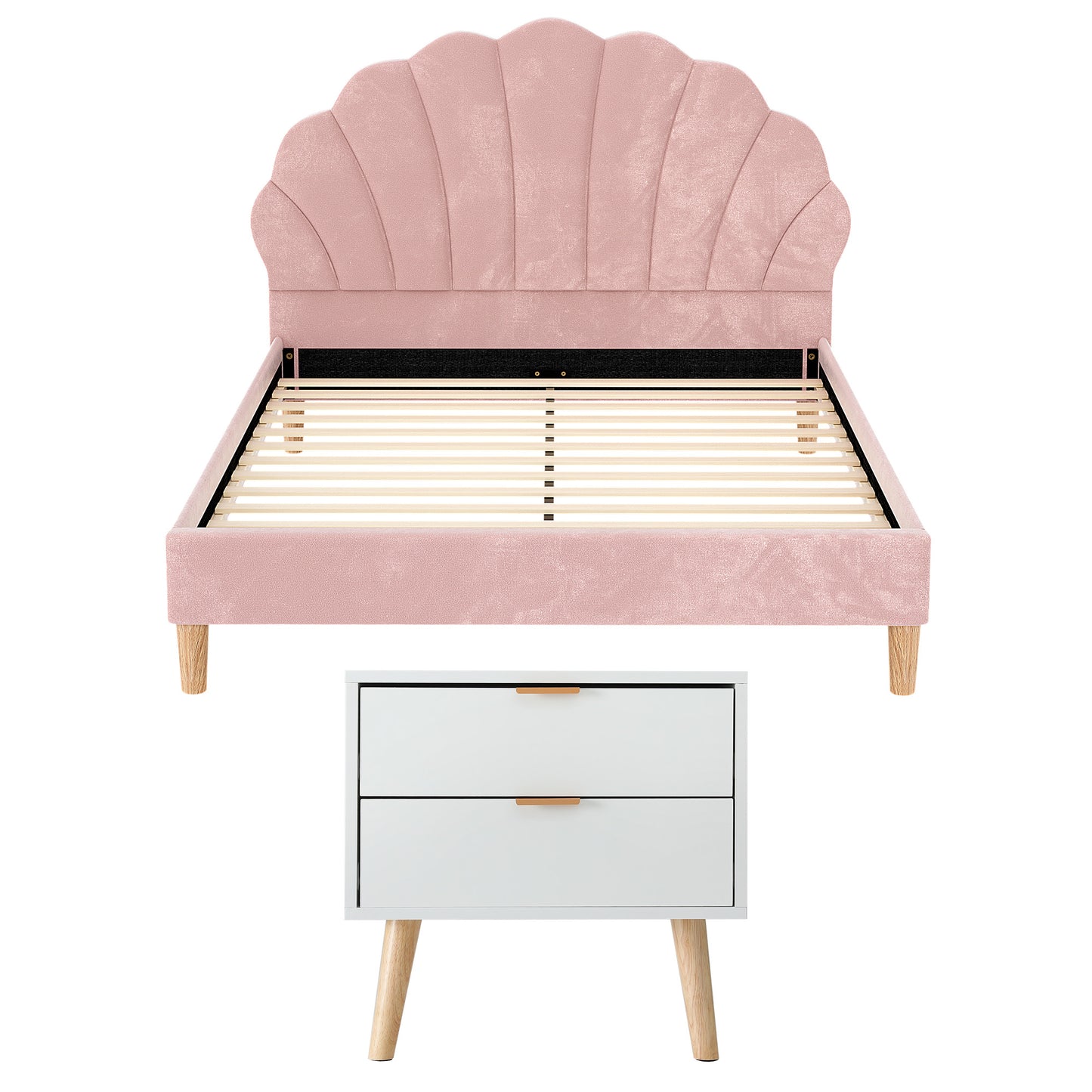 Artiss Double Bed Frame Scallop Headboard Pink Velvet with 2 Drawer Bedside Table - Image 3