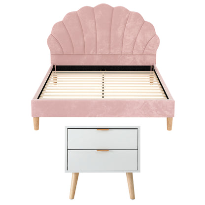 Artiss Double Bed Frame Scallop Headboard Pink Velvet with 2 Drawer Bedside Table - Image 3