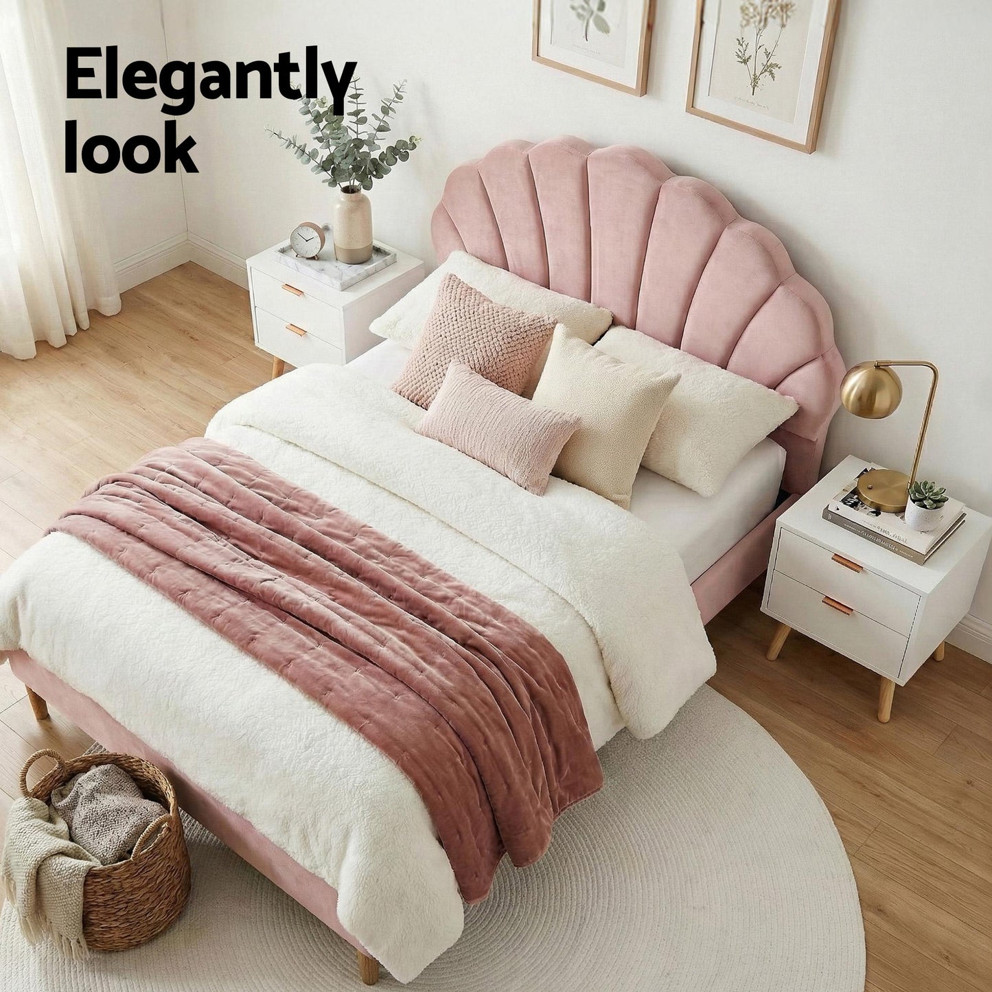 Artiss Double Bed Frame Scallop Headboard Pink Velvet with 2 Drawer Bedside Table - Image 4