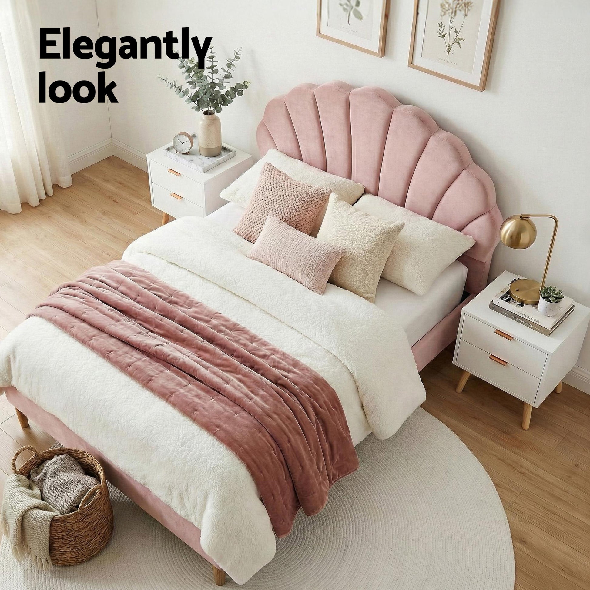 Artiss Double Bed Frame Scallop Headboard Pink Velvet with 2 Drawer Bedside Table - Image 4