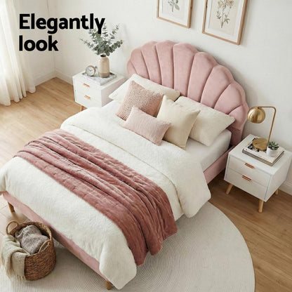 Artiss Double Bed Frame Scallop Headboard Pink Velvet with 2 Drawer Bedside Table - Image 4