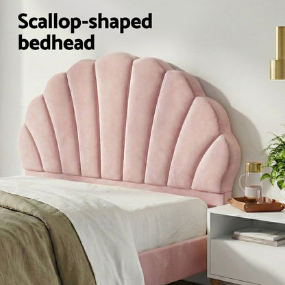 Artiss Double Bed Frame Scallop Headboard Pink Velvet with 2 Drawer Bedside Table - Image 5