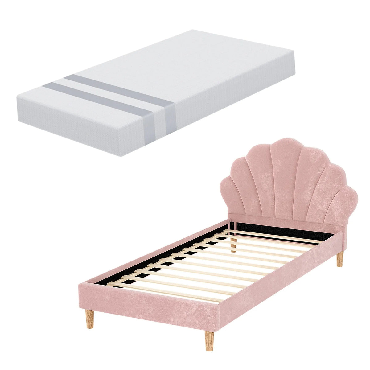 Artiss King Single Bed Frame BedStory Mattress Set Pink Velvet Scallop Bedhead with 20cm Mattress - Image 4