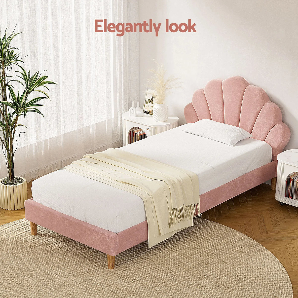 Artiss King Single Bed Frame BedStory Mattress Set Pink Velvet Scallop Bedhead with 20cm Mattress - Image 5