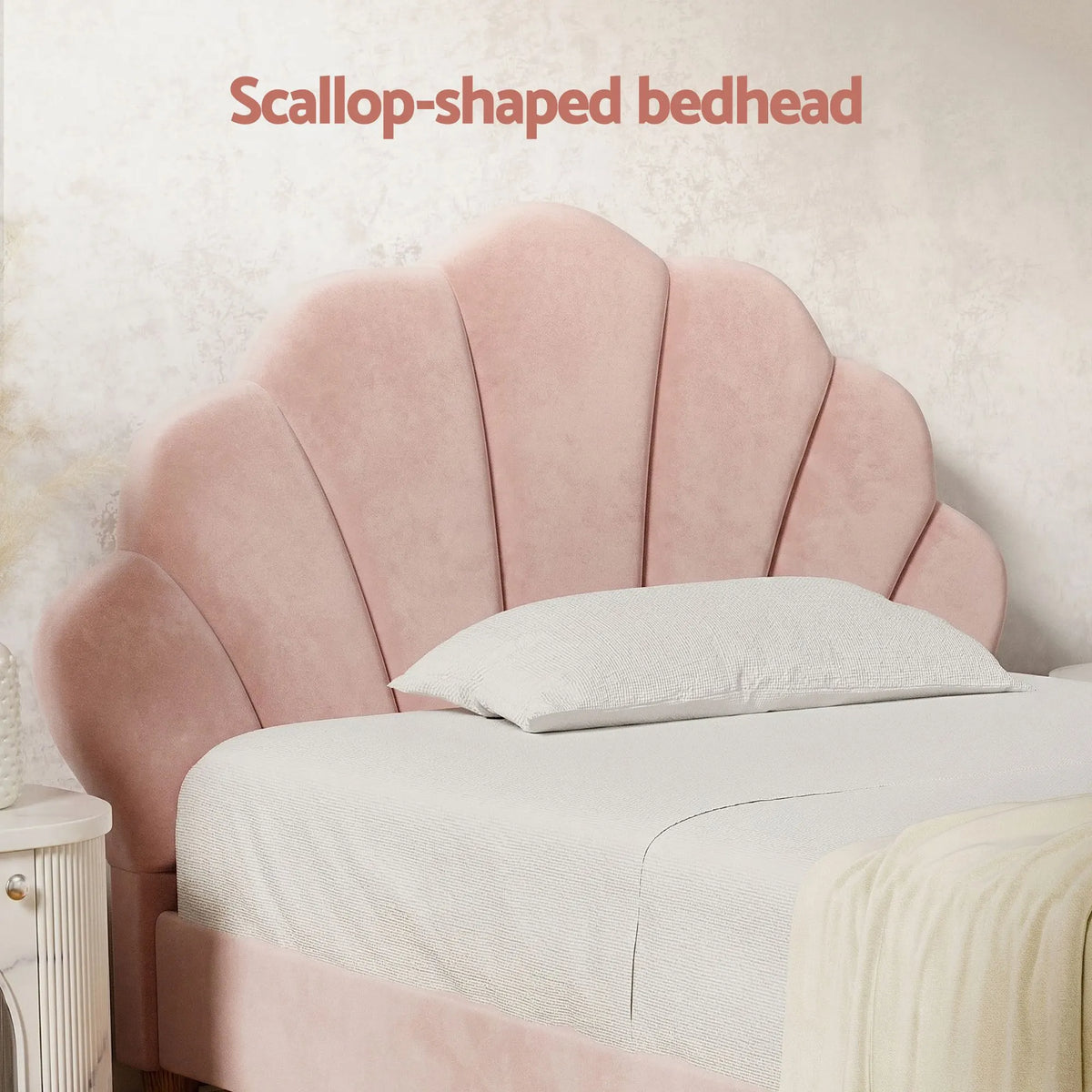 Artiss King Single Bed Frame BedStory Mattress Set Pink Velvet Scallop Bedhead with 20cm Mattress - Image 6