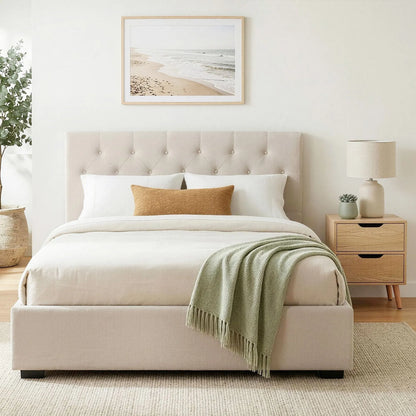 Artiss Double Bed Frame with Storage and Bedside Table Set Tufted Linen Gas Lift Bed Base and 2-Drawer Nightstand