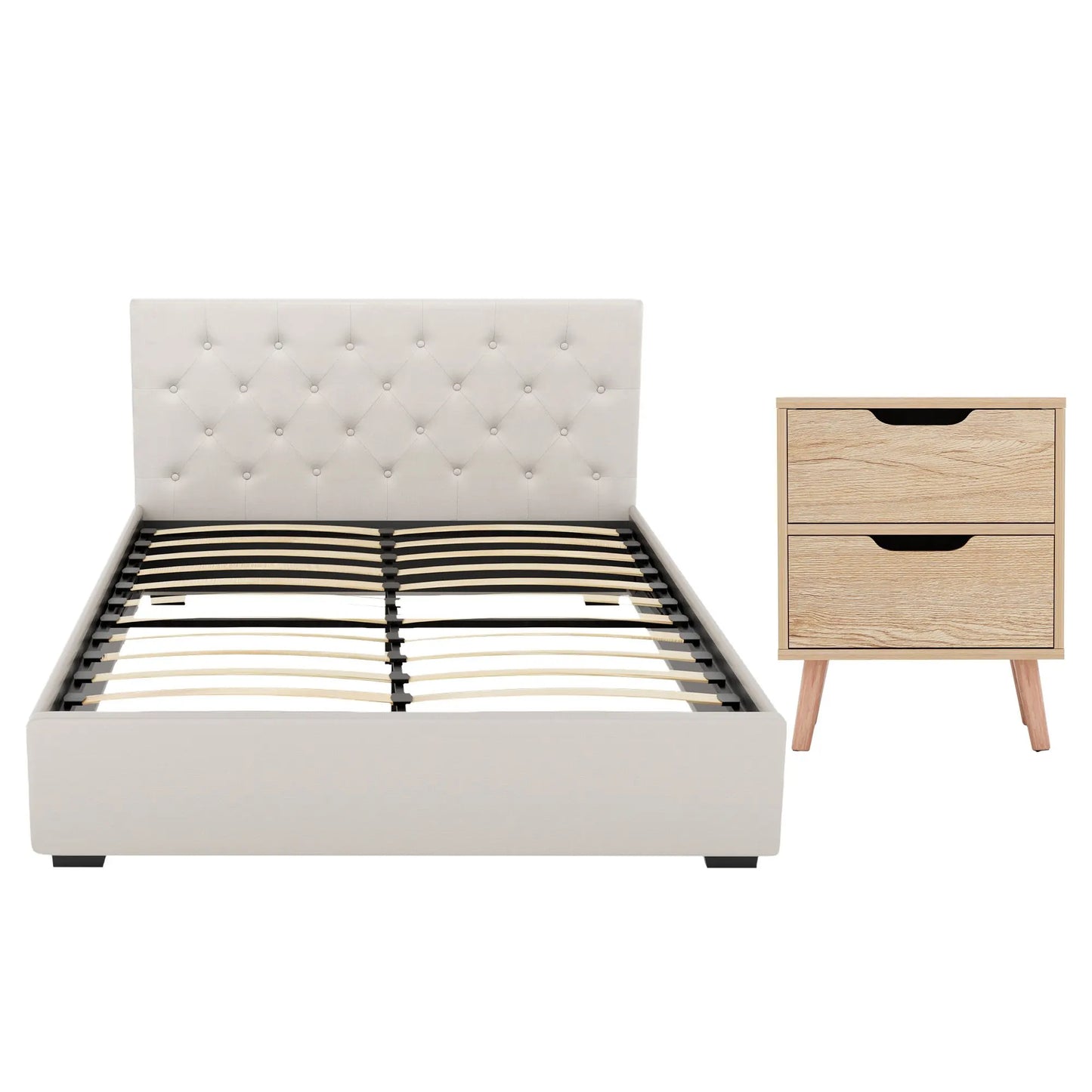 Artiss Double Bed Frame with Storage and Bedside Table Set Tufted Linen Gas Lift Bed Base and 2-Drawer Nightstand - Image 2
