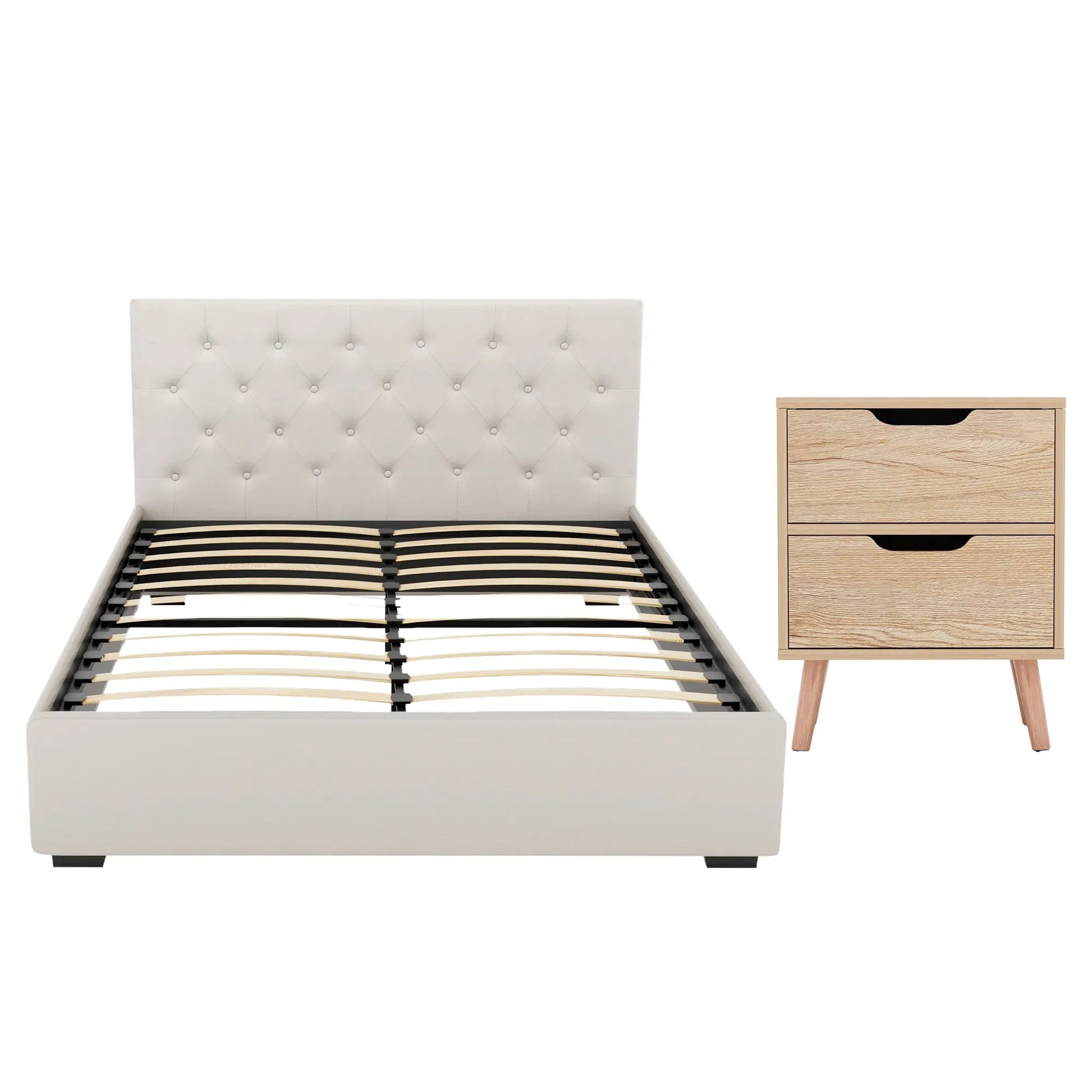 Artiss Double Bed Frame with Storage and Bedside Table Set Tufted Linen Gas Lift Bed Base and 2-Drawer Nightstand - Image 2