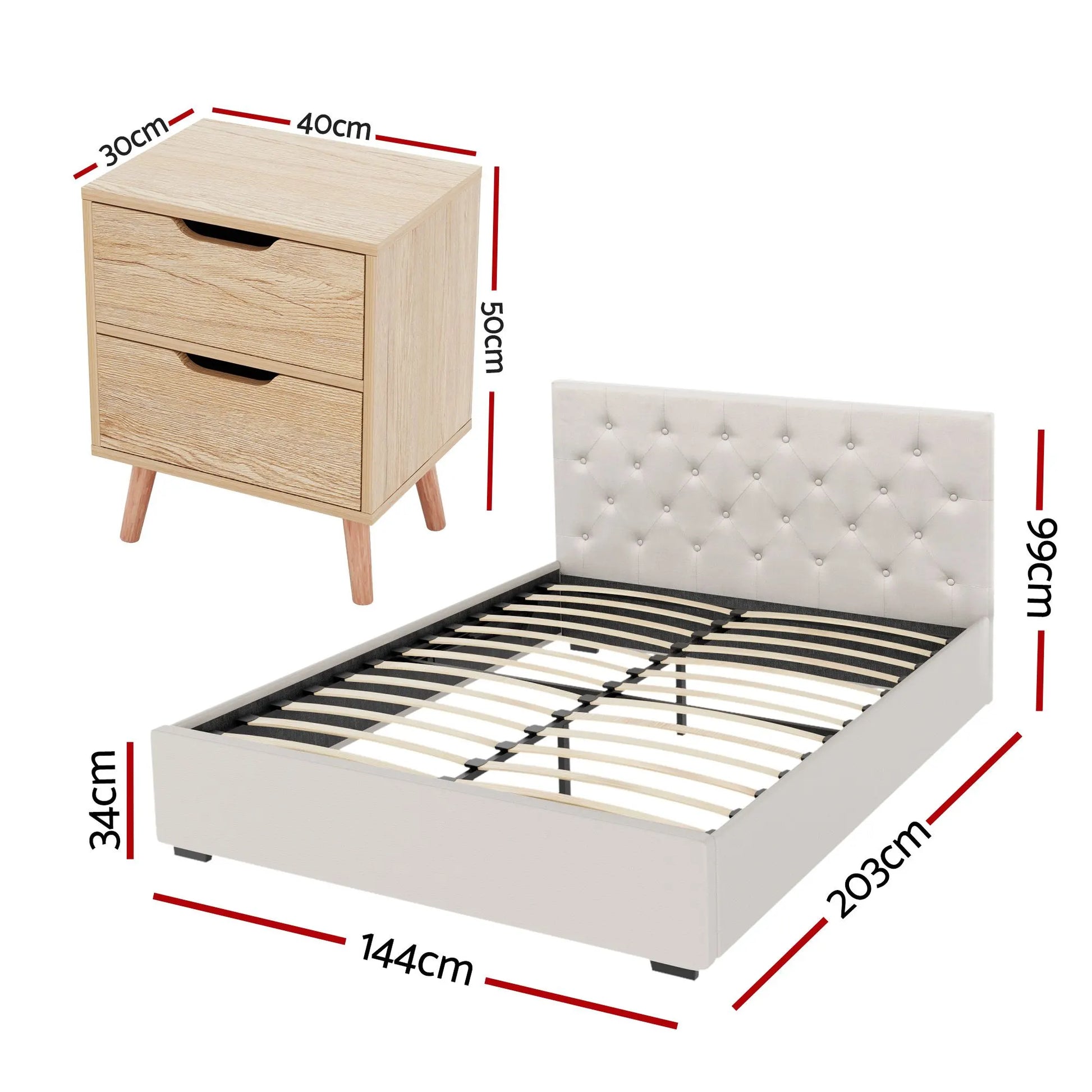 Artiss Double Bed Frame with Storage and Bedside Table Set Tufted Linen Gas Lift Bed Base and 2-Drawer Nightstand - Image 3