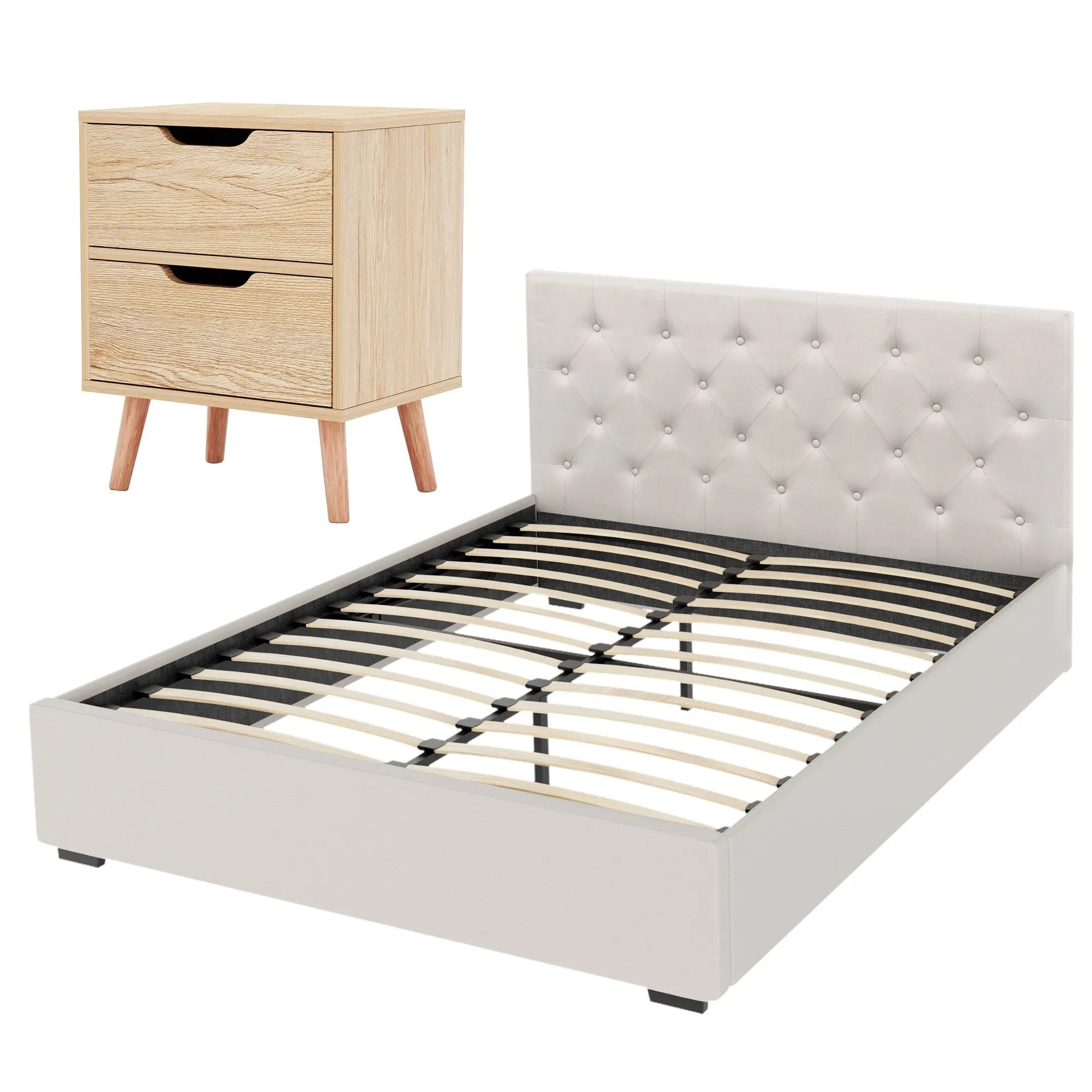 Artiss Double Bed Frame with Storage and Bedside Table Set Tufted Linen Gas Lift Bed Base and 2-Drawer Nightstand - Image 4