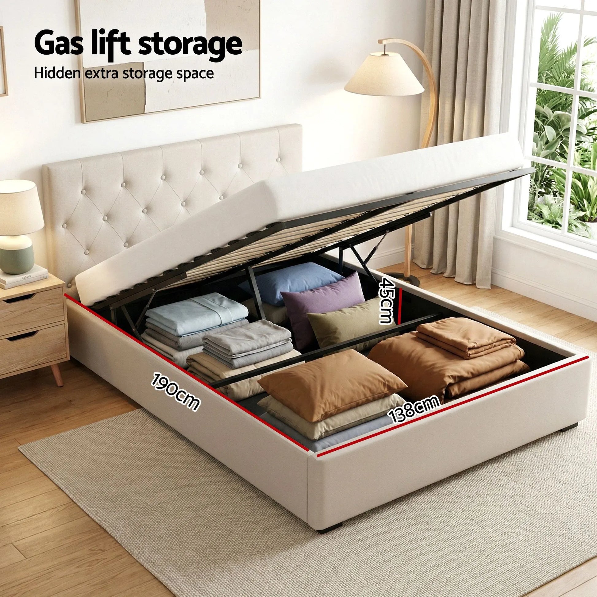 Artiss Double Bed Frame with Storage and Bedside Table Set Tufted Linen Gas Lift Bed Base and 2-Drawer Nightstand - Image 5