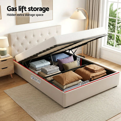 Artiss Double Bed Frame with Storage and Bedside Table Set Tufted Linen Gas Lift Bed Base and 2-Drawer Nightstand - Image 5