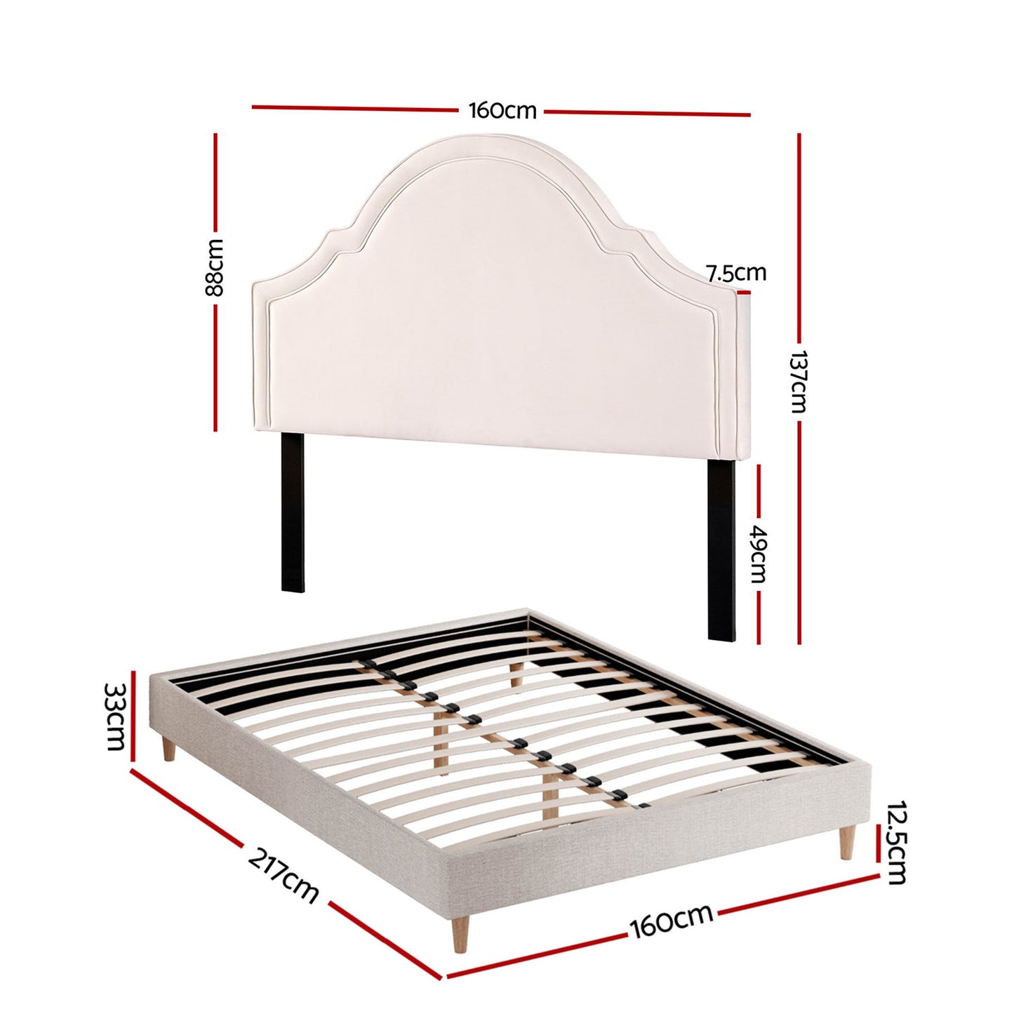 Artiss Queen Bed Frame with Storage Scalloped Velvet Headboard Wooden Platform Base - Image 3