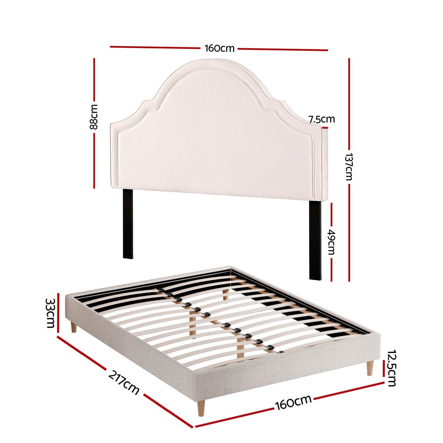 Artiss Queen Bed Frame with Storage Scalloped Velvet Headboard Wooden Platform Base - Image 3