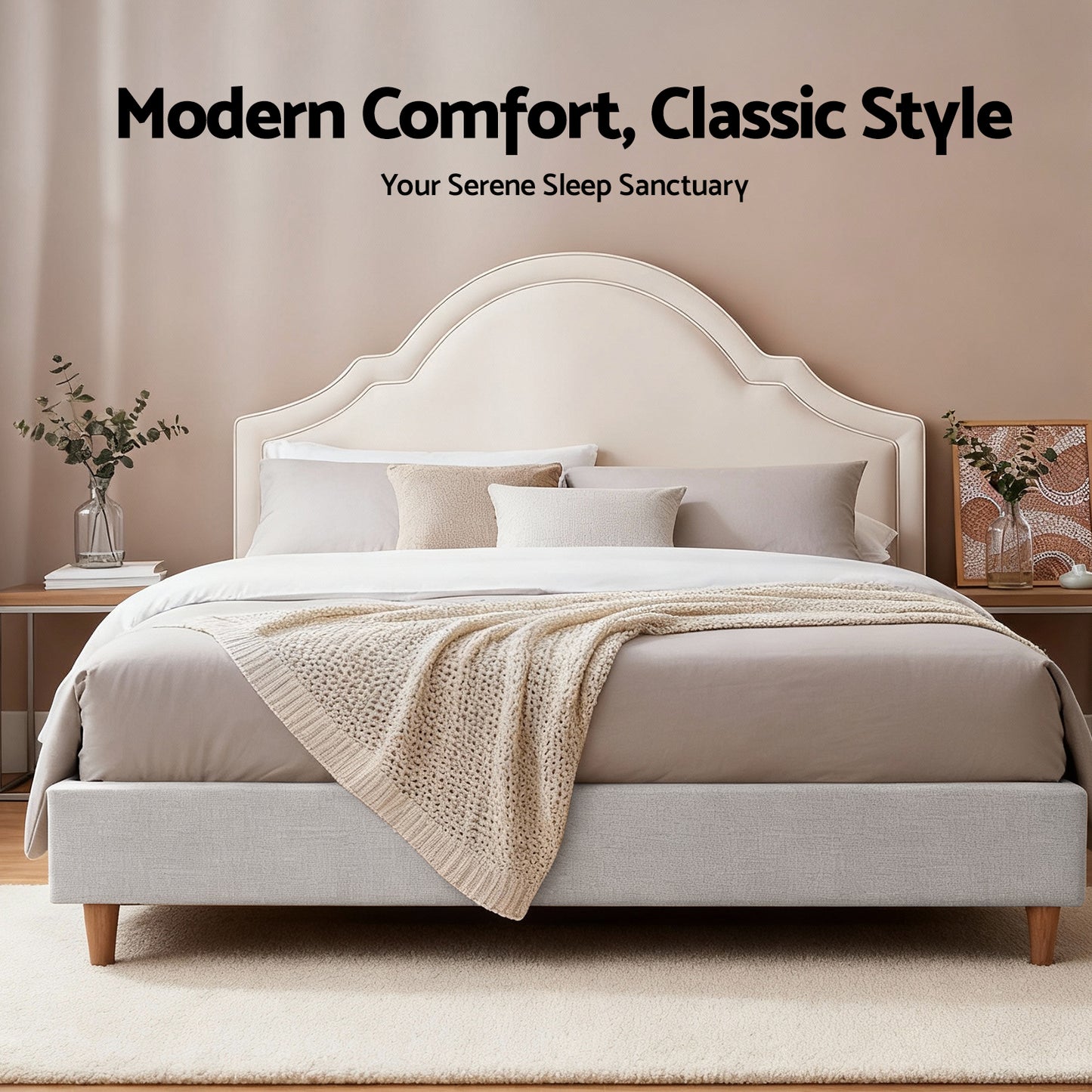 Artiss Queen Bed Frame with Storage Scalloped Velvet Headboard Wooden Platform Base - Image 4