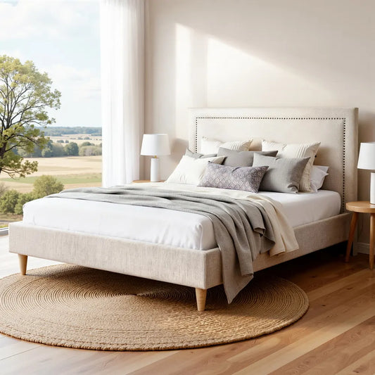 Artiss Queen Bed Frame Platform Bed Base Upholstered Headboard Linen Fabric Beige