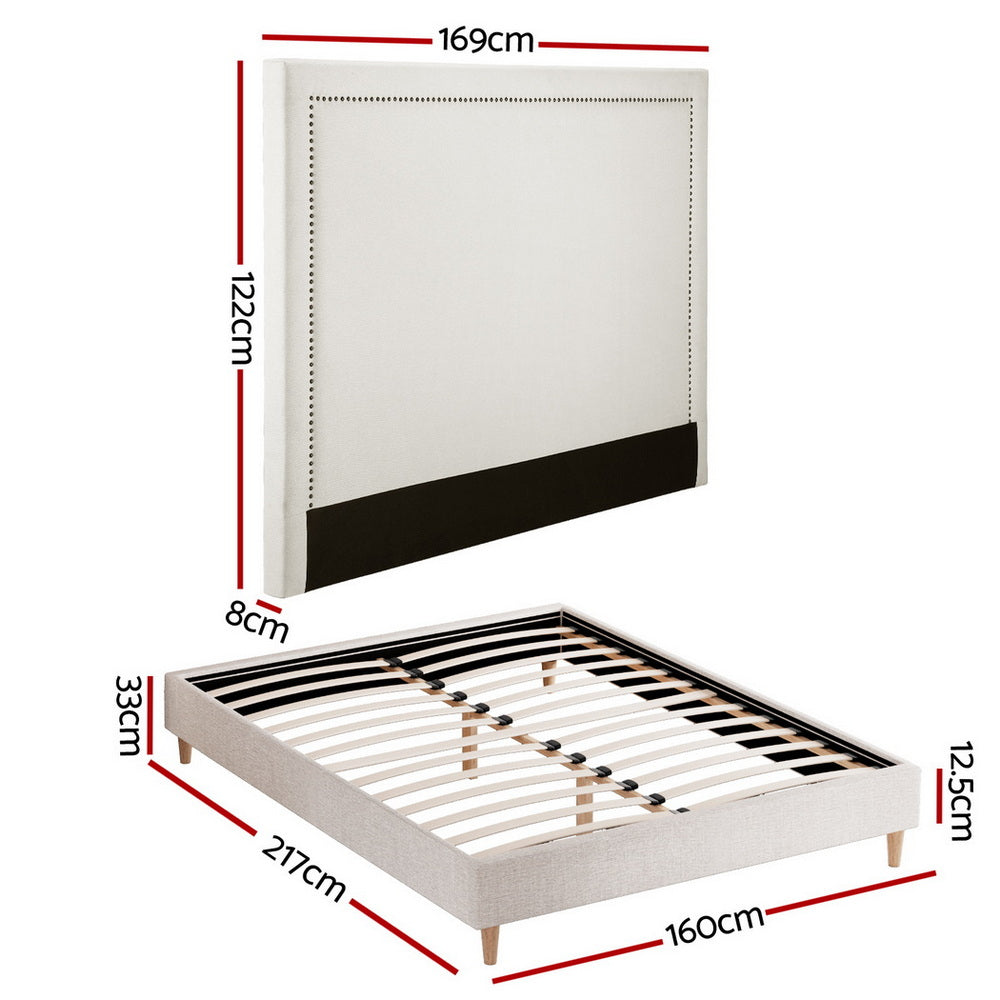 Artiss Queen Bed Frame Platform Bed Base Upholstered Headboard Linen Fabric Beige - Image 2