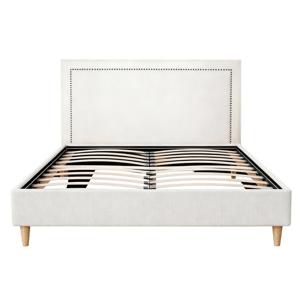 Artiss Queen Bed Frame Platform Bed Base Upholstered Headboard Linen Fabric Beige - Image 3