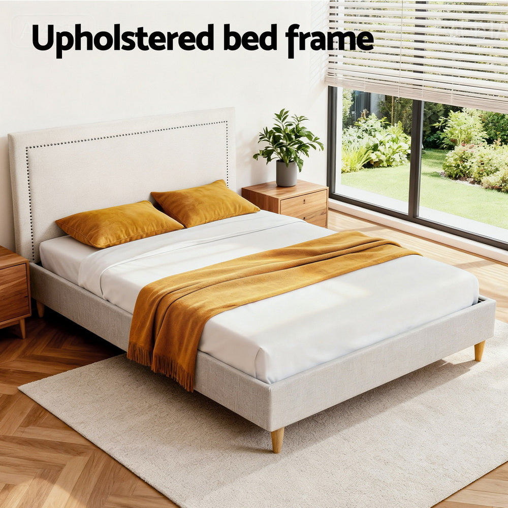 Artiss Queen Bed Frame Platform Bed Base Upholstered Headboard Linen Fabric Beige - Image 4