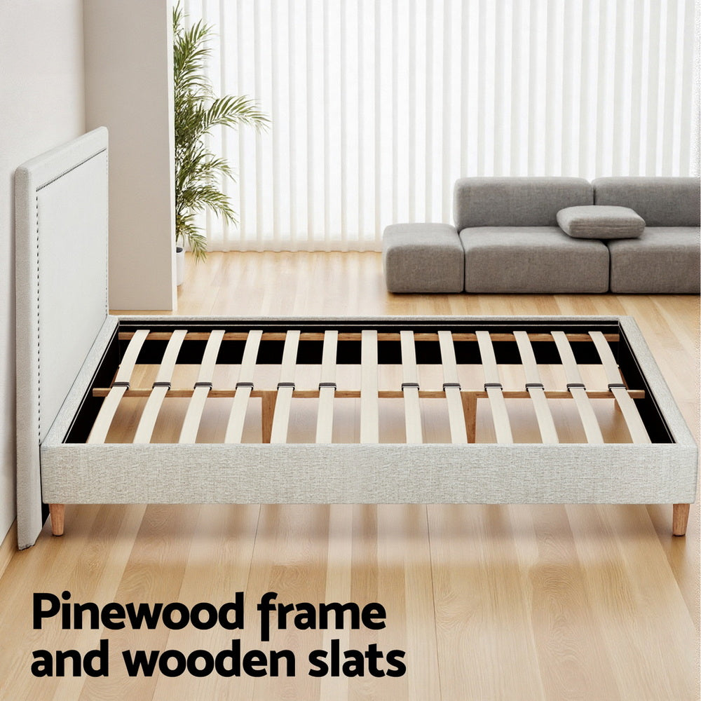 Artiss Queen Bed Frame Platform Bed Base Upholstered Headboard Linen Fabric Beige - Image 5