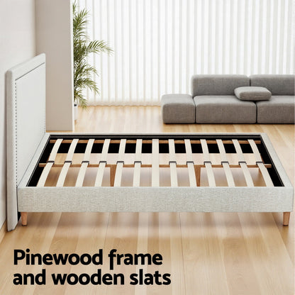 Artiss Queen Bed Frame Platform Bed Base Upholstered Headboard Linen Fabric Beige - Image 5