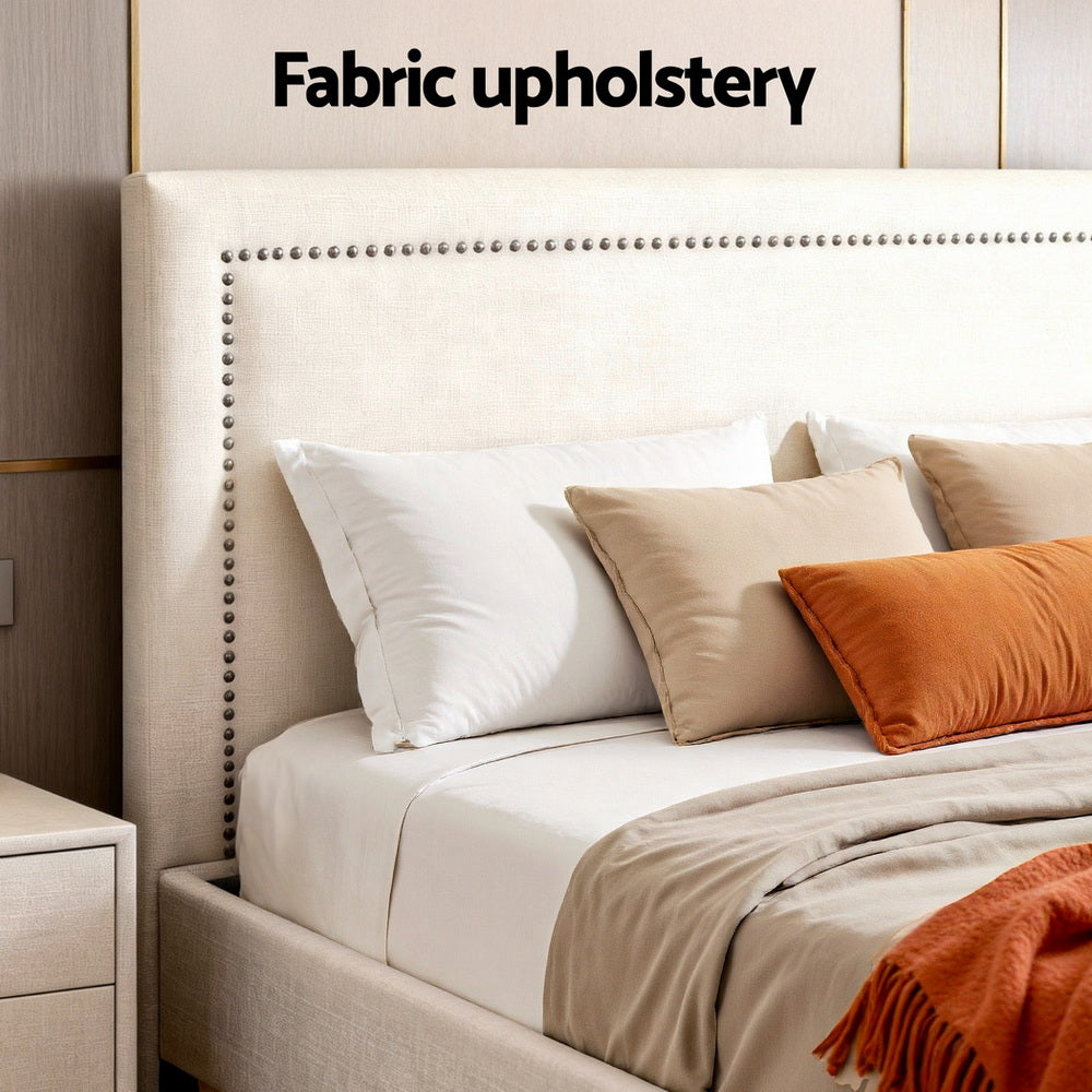 Artiss Queen Bed Frame Platform Bed Base Upholstered Headboard Linen Fabric Beige - Image 6