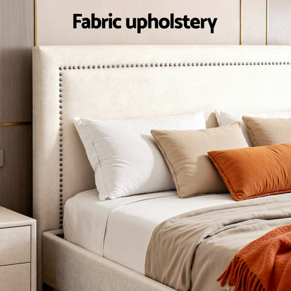 Artiss Queen Bed Frame Platform Bed Base Upholstered Headboard Linen Fabric Beige - Image 6