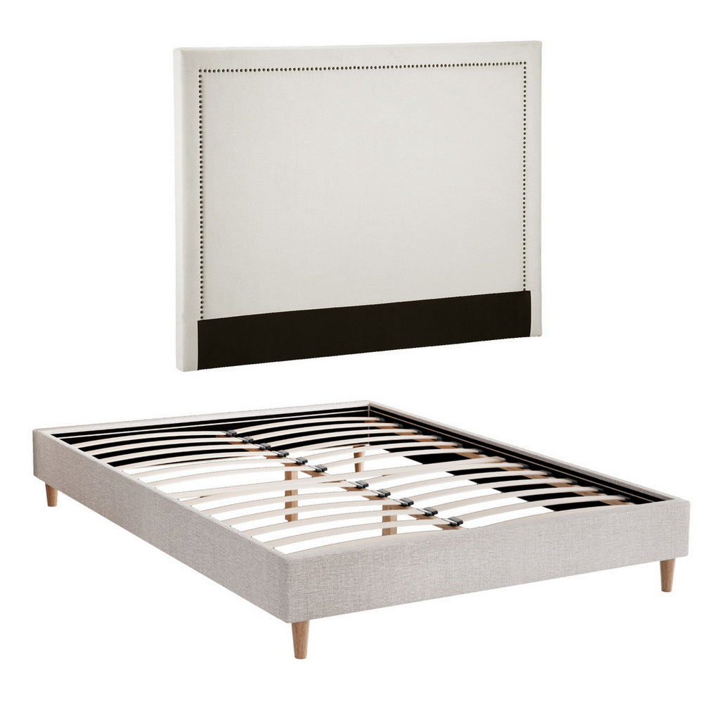 Artiss Queen Bed Frame Platform Bed Base Upholstered Headboard Linen Fabric Beige - Image 8