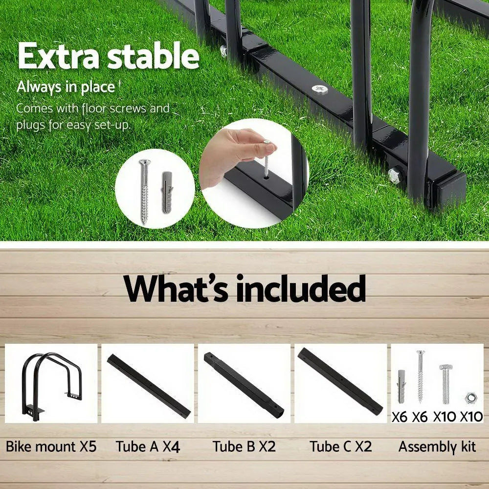 Weisshorn 5 Bike Stand Rack Bicycle Storage Floor Parking Holder Cycling Black - Image 6