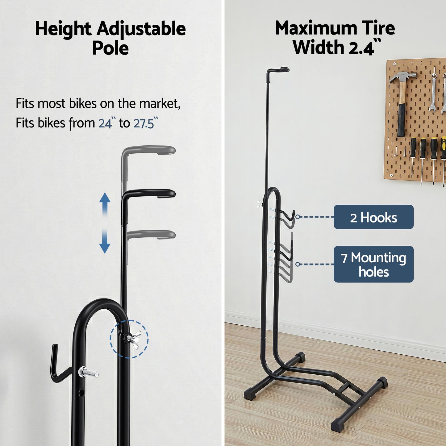 Weisshorn 4-in-1 Bike Parking Stand Vertical Floor Storage Rack for 24"-27.5" Bicycles, Adjustable Height Repair Maintenance Stand, Stable Indoor Garage Space Saver with Non-slip Rubber Feet - Image 7