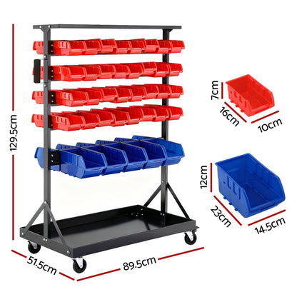Giantz 74 Bins Storage Rack Double Sided Mobile Garage Workshop Tools Organizer - Image 2