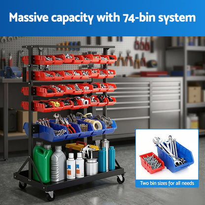 Giantz 74 Bins Storage Rack Double Sided Mobile Garage Workshop Tools Organizer - Image 5