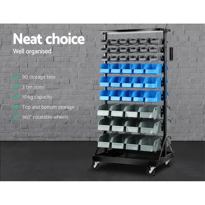 Giantz 90 Storage Bin Rack Stand Double-sided Wheels - Image 4