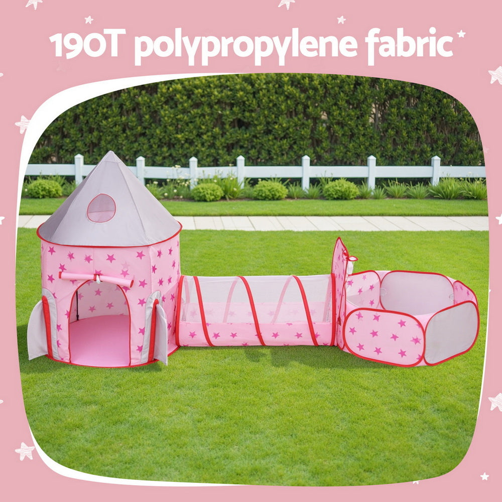 Keezi Kids Playhouse Play Tent Pop Up Castle Crawl Tunnel Basketball Hoop Pink - Image 4
