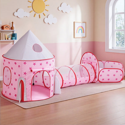 Keezi Kids Playhouse Play Tent Pop Up Castle Crawl Tunnel Basketball Hoop Pink - Image 7