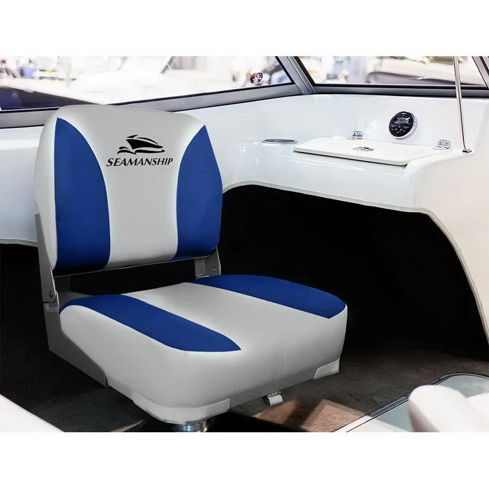 Seamanship 2X Folding Boat Seats Marine Swivel Low Back 13cm Padding Grey Blue - Image 3