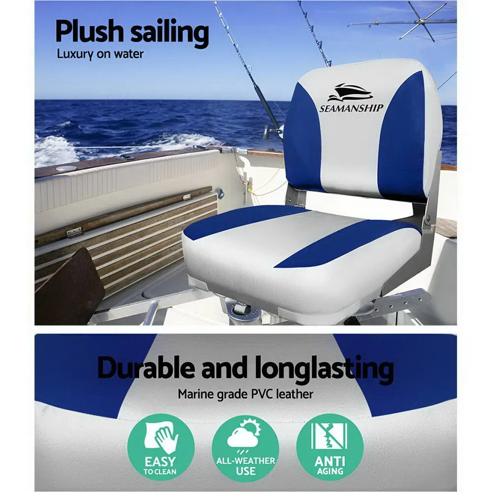 Seamanship 2X Folding Boat Seats Marine Swivel Low Back 13cm Padding Grey Blue - Image 4