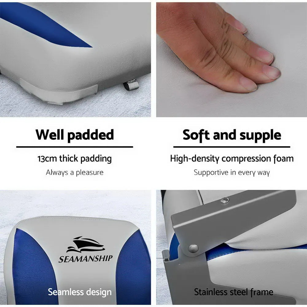 Seamanship 2X Folding Boat Seats Marine Swivel Low Back 13cm Padding Grey Blue - Image 5