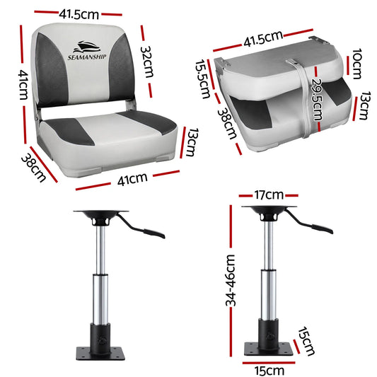 Seamanship 2X Folding Boat Seats with 2X Adjustable Pedestals 34–46cm Marine Swivel Low Back 13cm Padding Charcoal - Image 2
