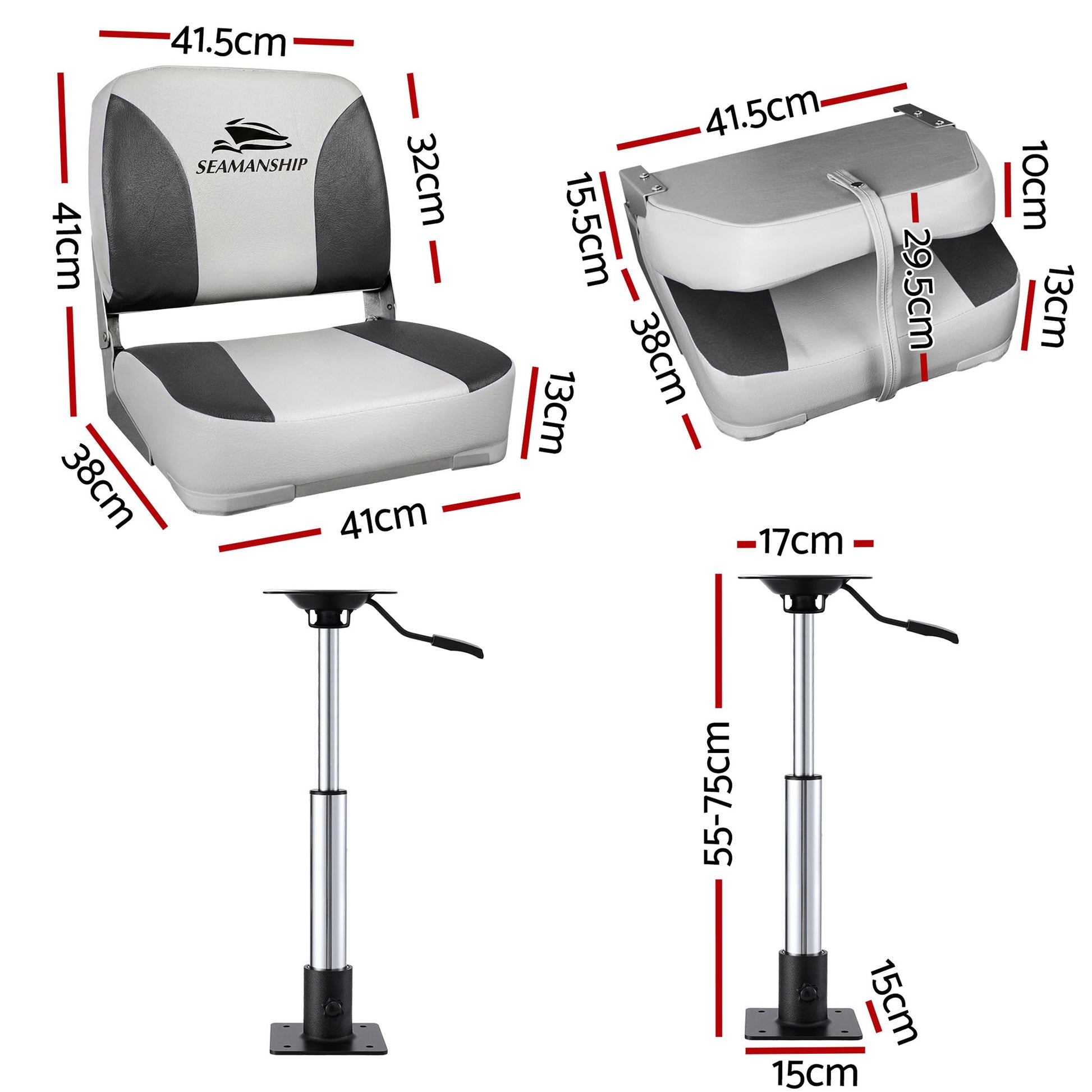 Seamanship 2X Folding Boat Seats with 2X Adjustable Pedestals 55–75cm Marine Swivel Low Back 13cm Padding Charcoal - Image 2