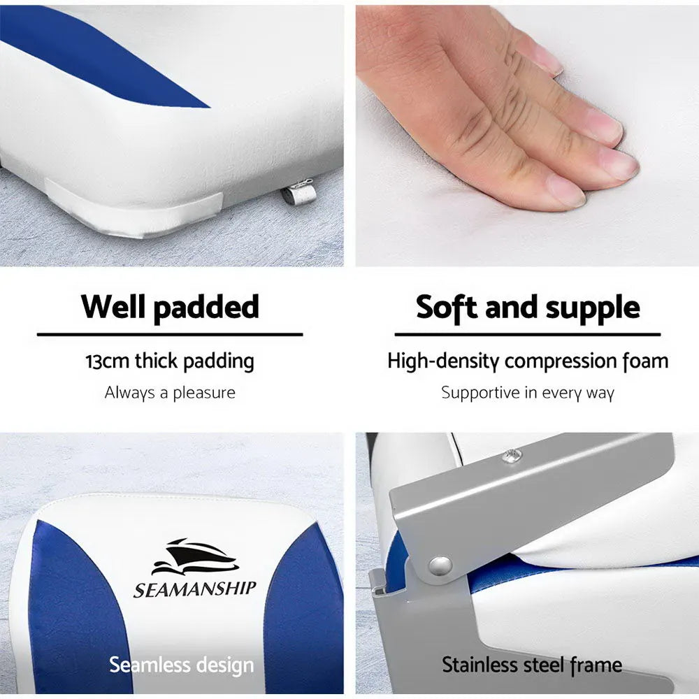 Seamanship 2X Folding Boat Seats Marine Swivel Low Back 13cm Padding White Blue - Image 5