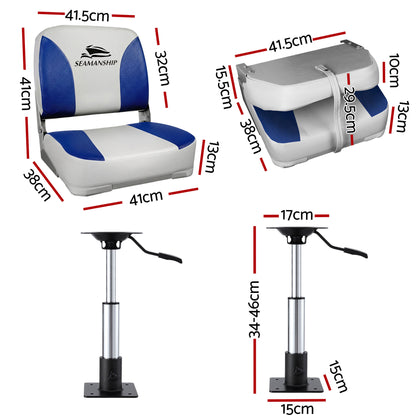 Seamanship 2X Folding Boat Seats with 2X Adjustable Pedestals 34–46cm Marine Swivel Low Back 13cm Padding White Blue - Image 2
