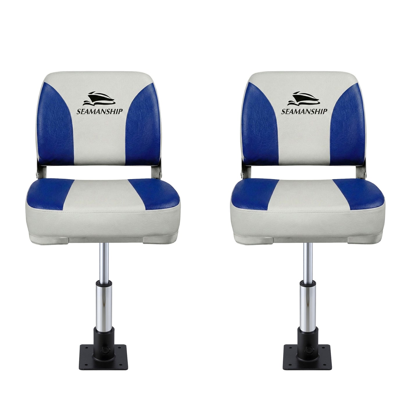 Seamanship 2X Folding Boat Seats with 2X Adjustable Pedestals 34–46cm Marine Swivel Low Back 13cm Padding White Blue - Image 3
