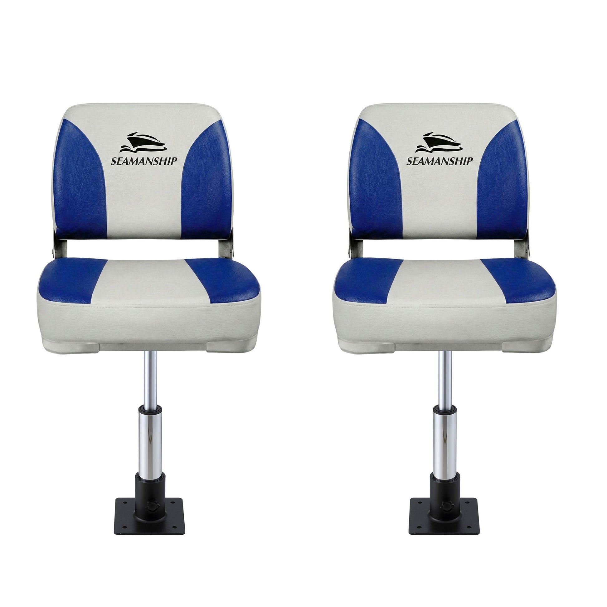 Seamanship 2X Folding Boat Seats with 2X Adjustable Pedestals 34–46cm Marine Swivel Low Back 13cm Padding White Blue - Image 3