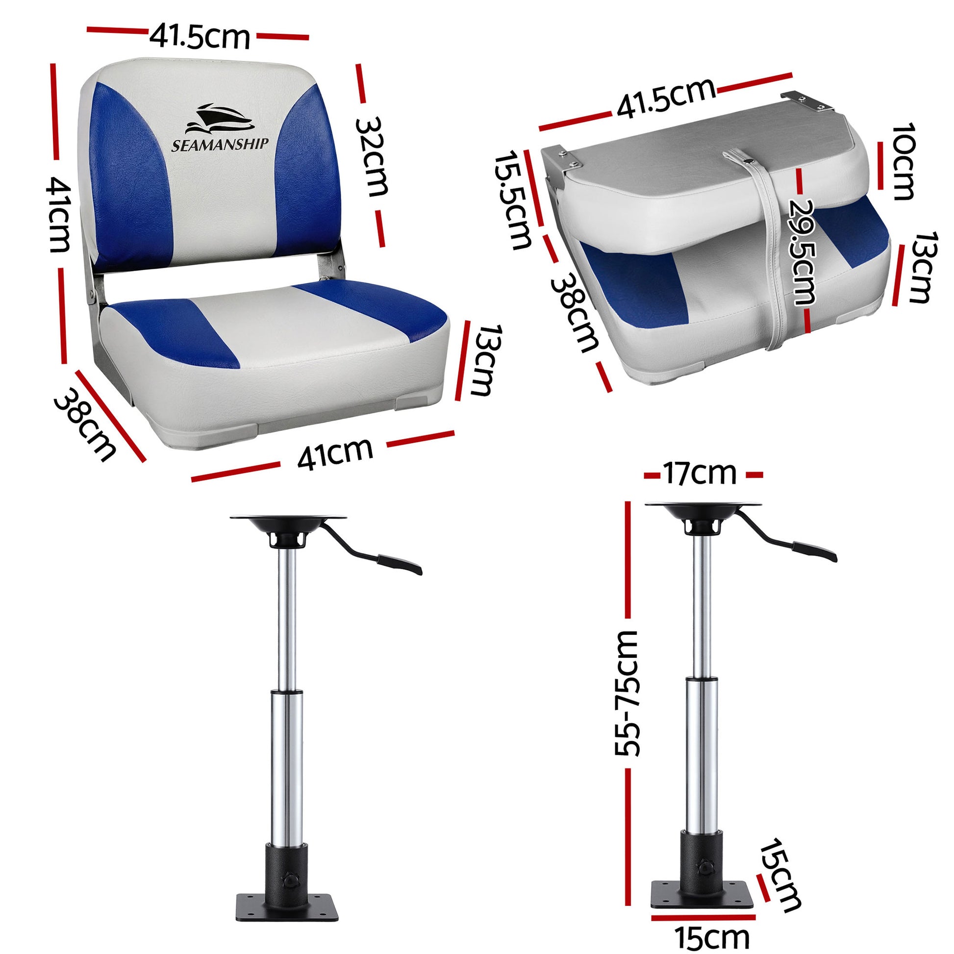 Seamanship 2X Folding Boat Seats with 2X Adjustable Pedestals 55–75cm Marine Swivel Low Back 13cm Padding White Blue - Image 2