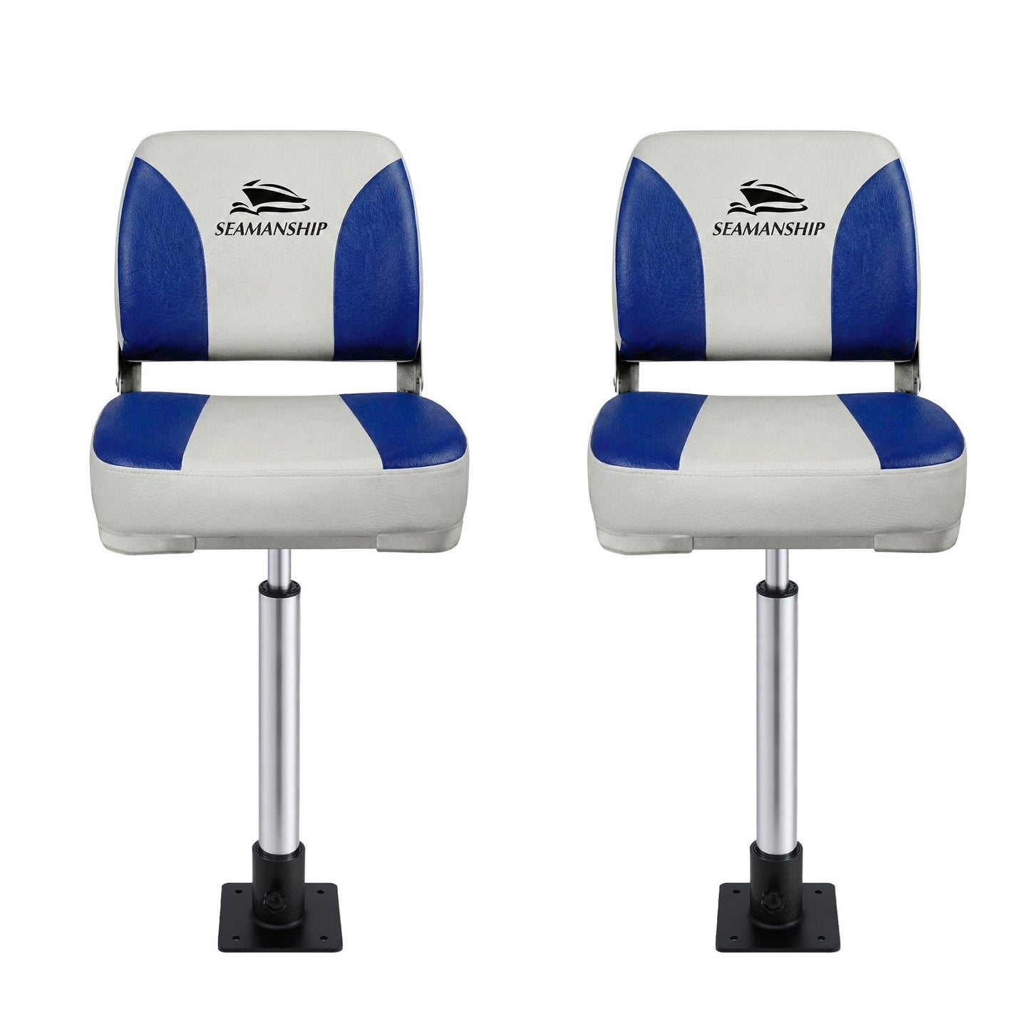 Seamanship 2X Folding Boat Seats with 2X Adjustable Pedestals 55–75cm Marine Swivel Low Back 13cm Padding White Blue - Image 3