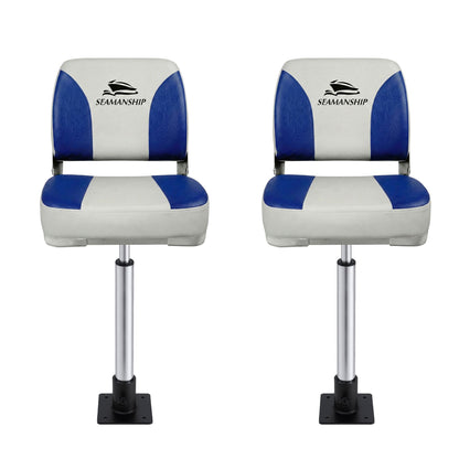 Seamanship 2X Folding Boat Seats with 2X Adjustable Pedestals 55–75cm Marine Swivel Low Back 13cm Padding White Blue - Image 3