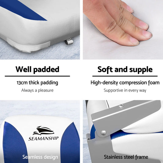 Seamanship 2X Folding Boat Seats with 2X Adjustable Pedestals 55–75cm Marine Swivel Low Back 13cm Padding White Blue - Image 4