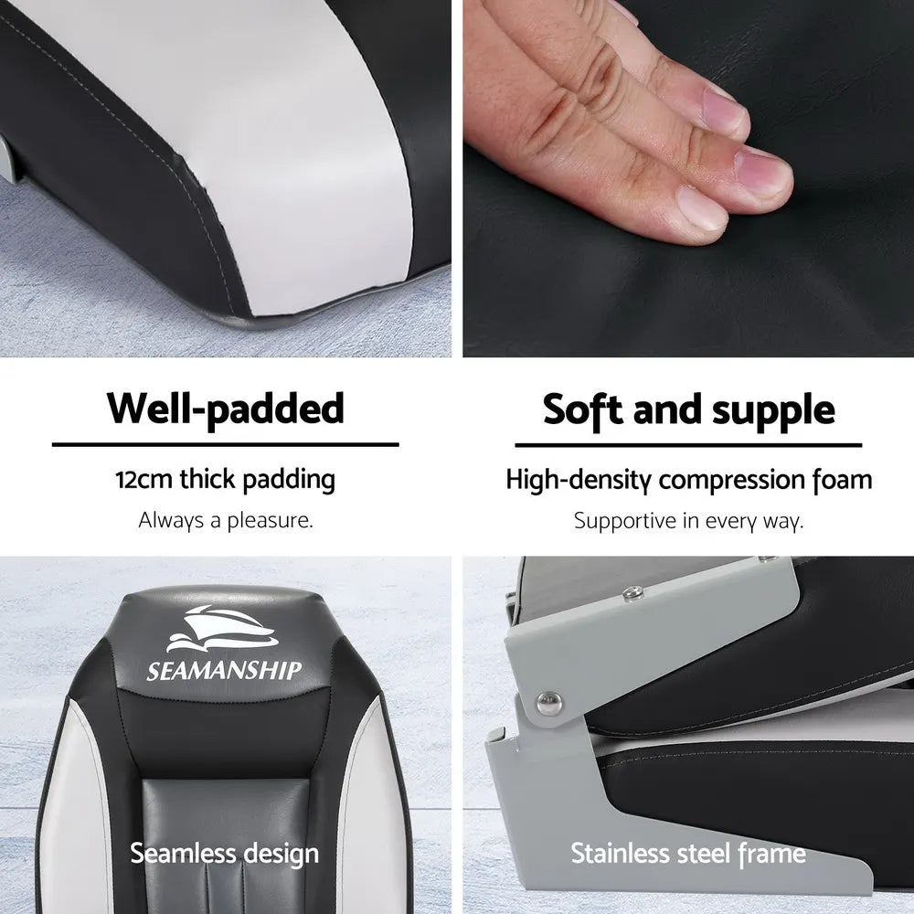 Seamanship 2X Folding Boat Seats Marine Seat Swivel High Back 12cm Padding Black - Image 5